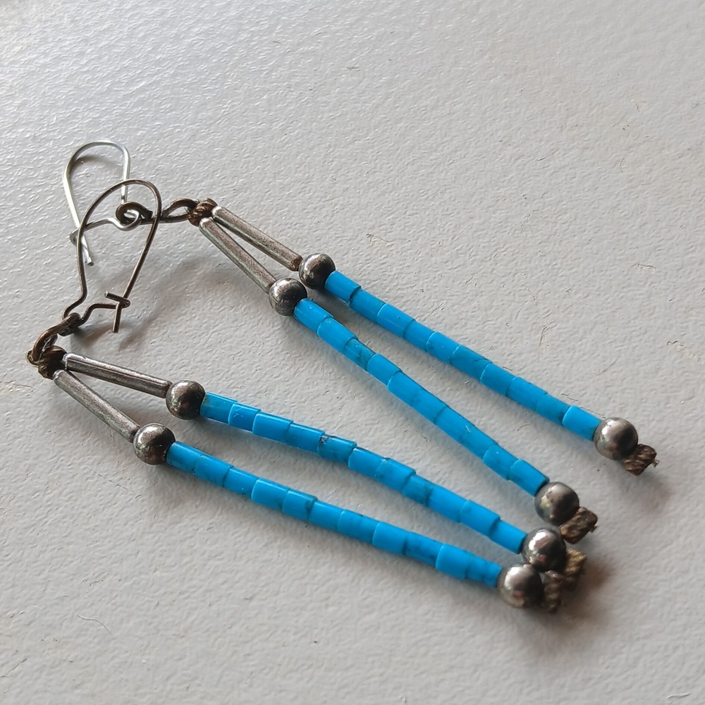 Sterling Silver Turquoise Tassel Earrings Vintage Quality Native American Made